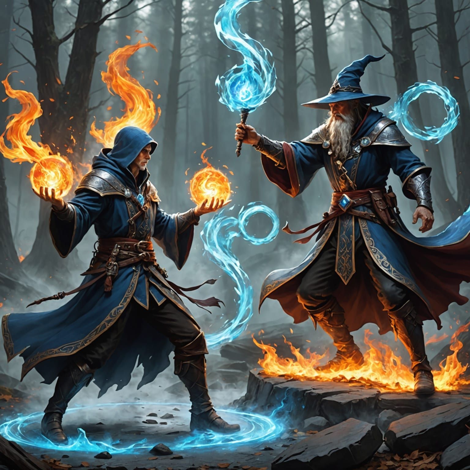 Epic Sorcerer Battle with Fire, Ice, and Earth Magic