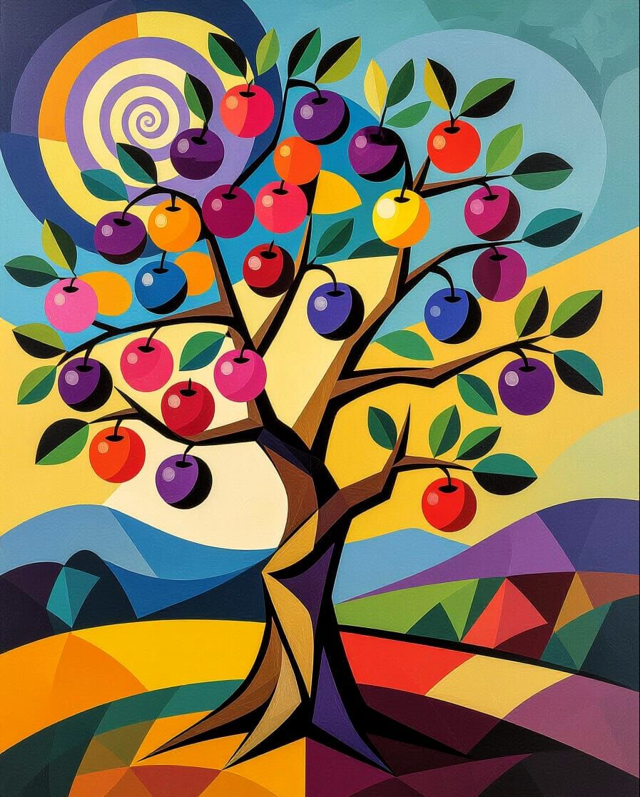 Surreal Plum Tree in Cubist Art Style