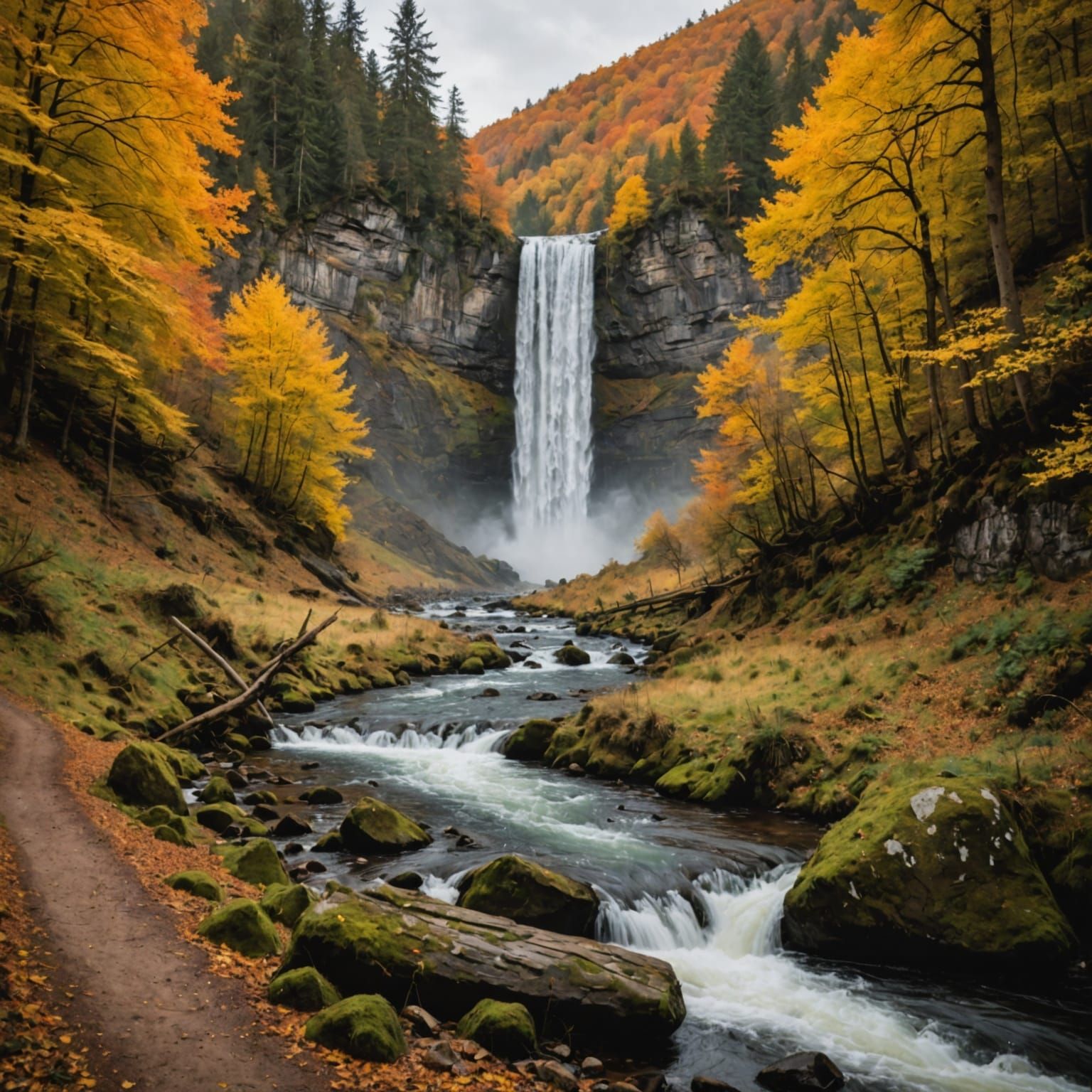 Autumn Forest Waterfall Serenity