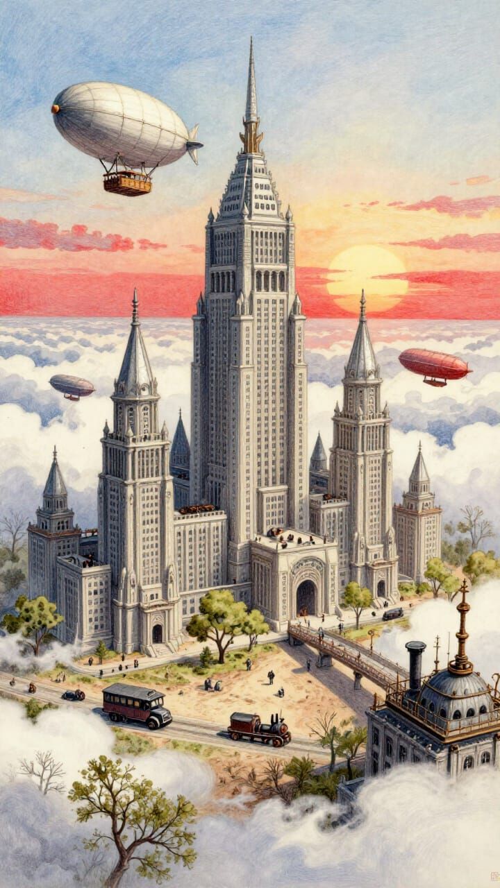 Steampunk City Sunset From Clouds, 19th Century Style