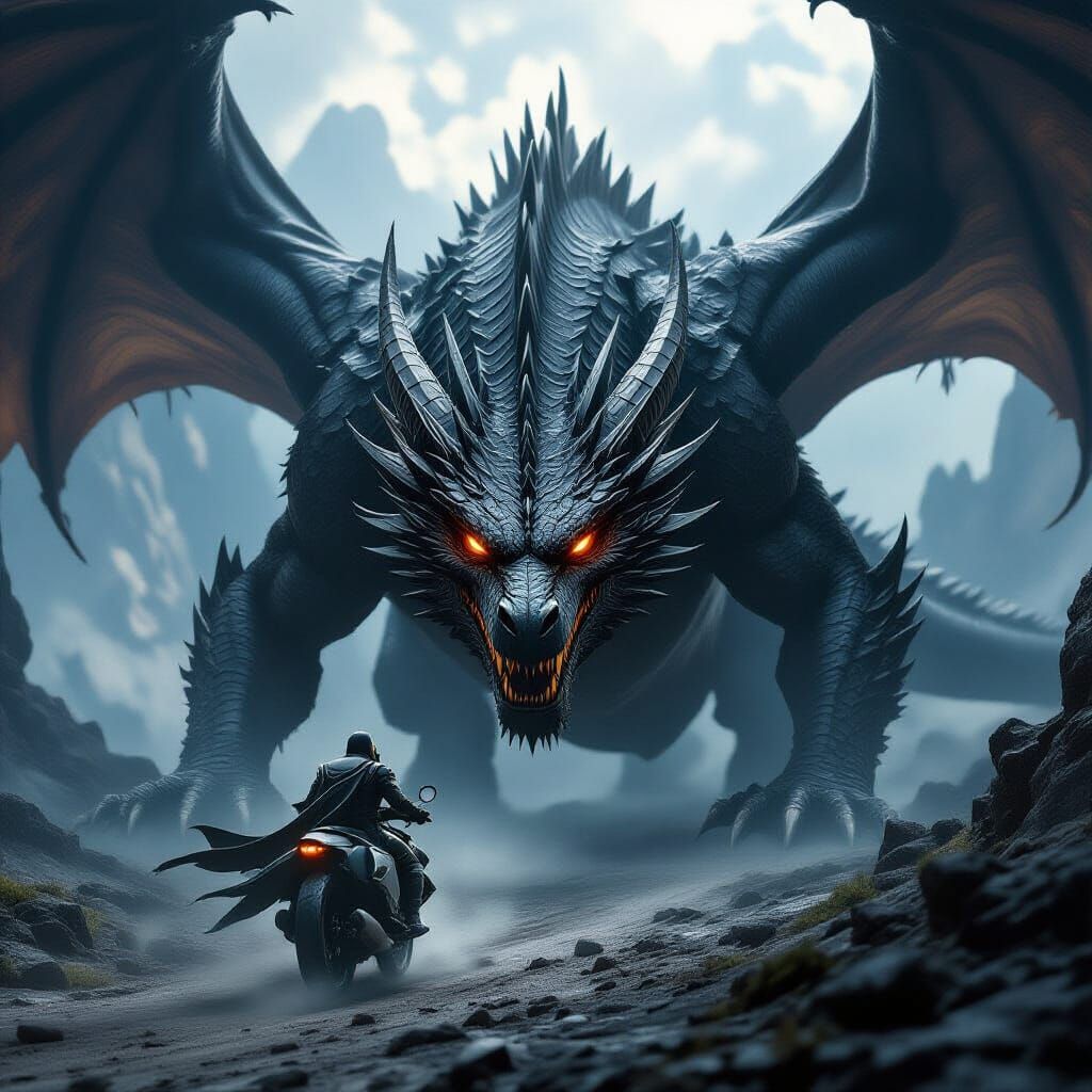 Warrior on Wounded Black Dragon in Epic Style