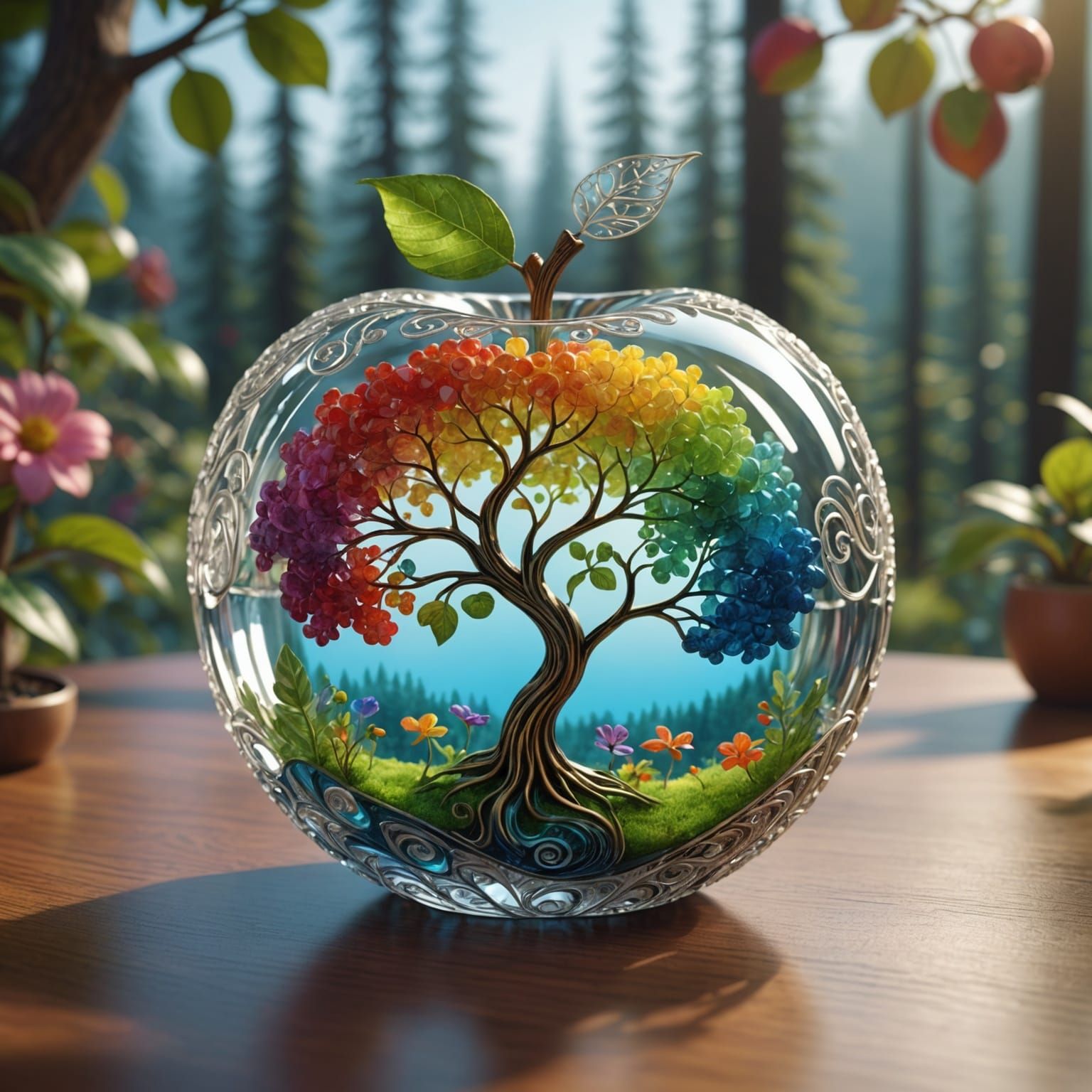 Translucent Crystal Apple with Rainbow Forest