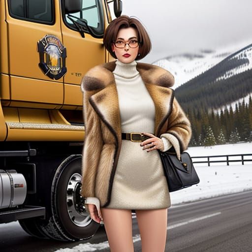 Impressionist Watercolor of Woman at Snowy Truck Stop