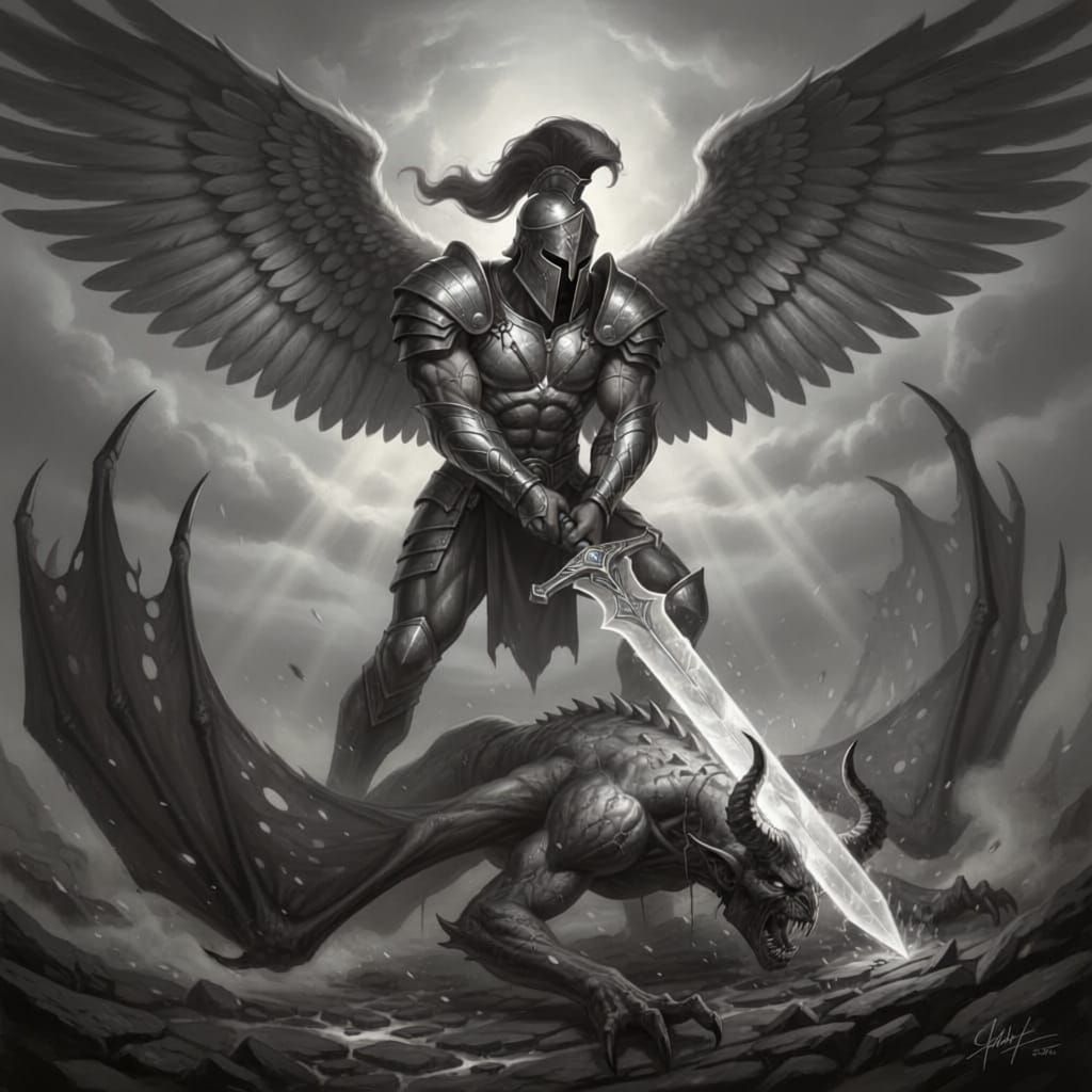 Triumphant Archangel Vanquishing Demon in Metal Armor