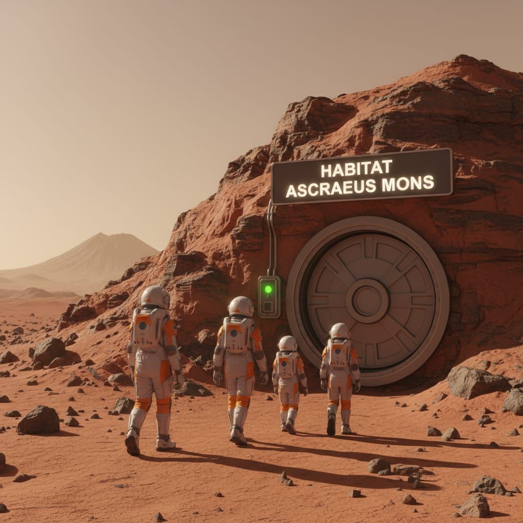 Family Approaches Mars Habitat Airlock in Afternoon Light