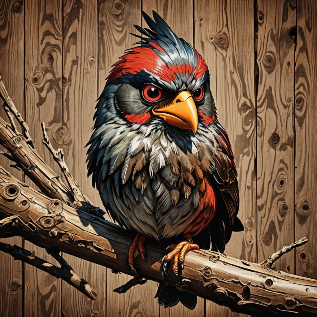 Angry Bird Portrait in Woodcut Style