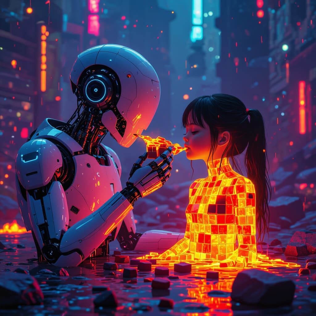 Android Eats Lava Girl in Dreamlike ASMR Setting