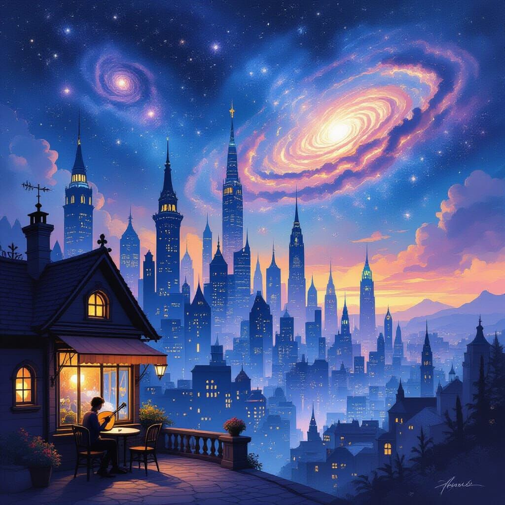 Ethereal City Skyline at Twilight with Cosmic Sky
