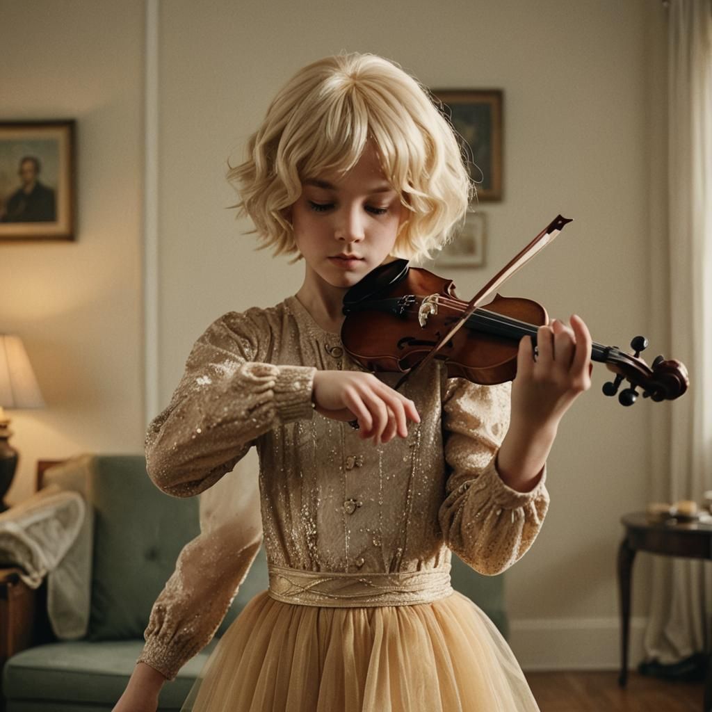 Boy Plays Violin with Cinematic Lighting, Film Noir Style