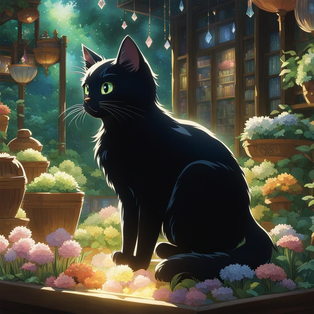 Black Kitten in Enchanted Crystal Garden, Ghibli Style