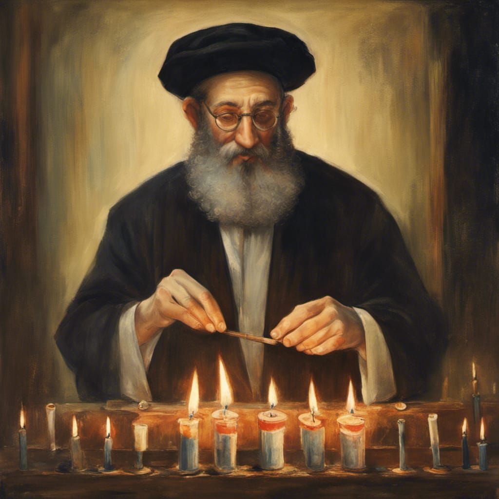 Rabbi Lighting Hanukkah Candles in Van Gogh Style