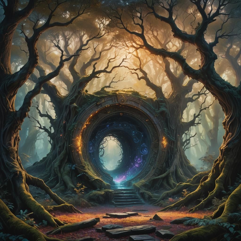 Ethereal Portal Surrounded by Ancient Trees: Fantasy Concept...