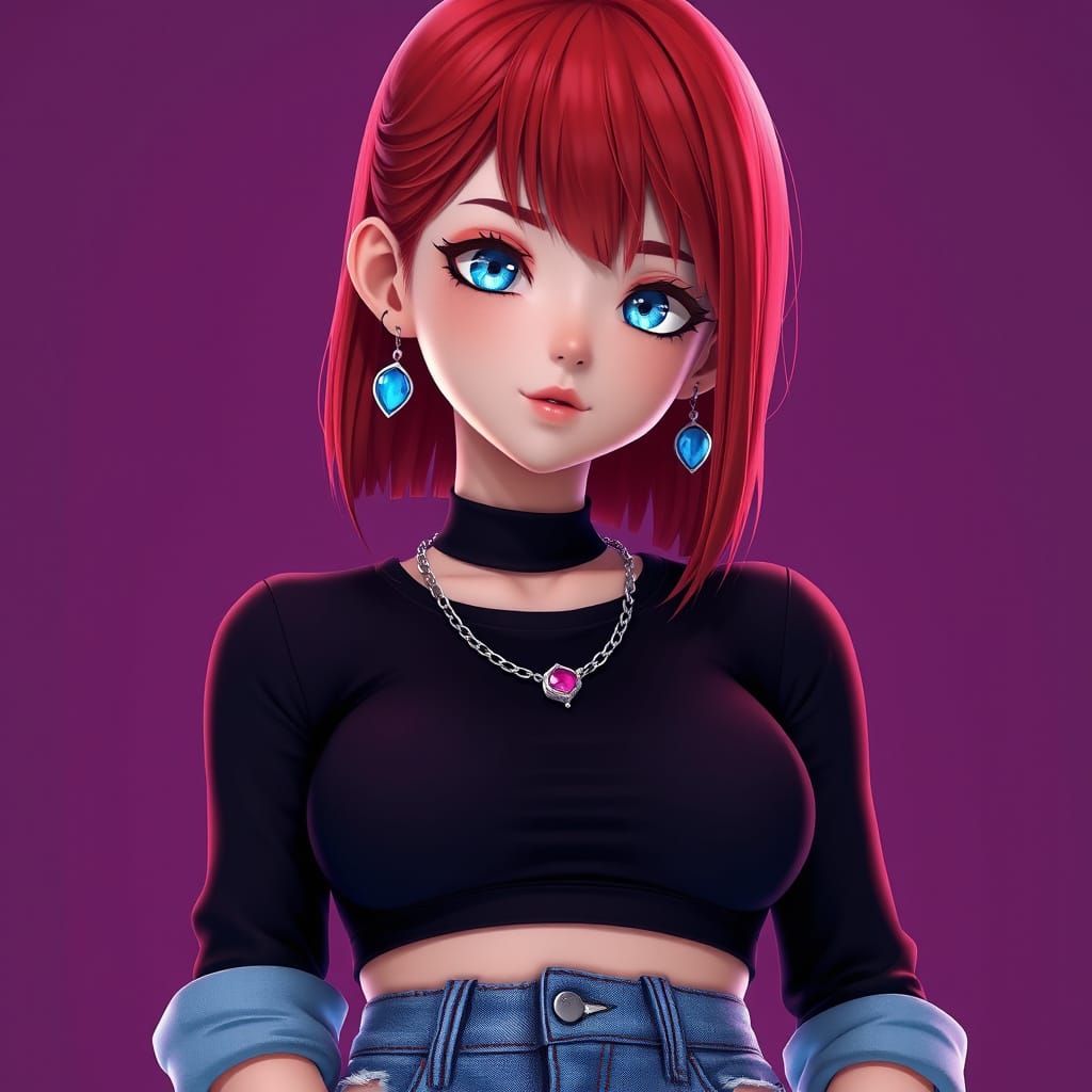 Vibrant Red Haired Woman in 3D Anime Art Style