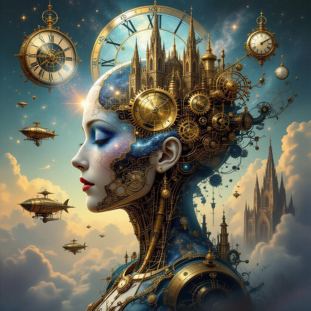 Surreal Nebula Head with Steampunk Airships