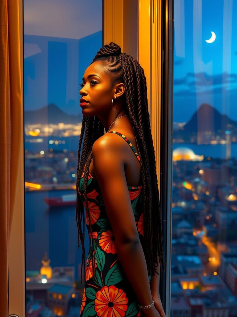 African Woman Contemplates Cape Town's Nighttime Landscape