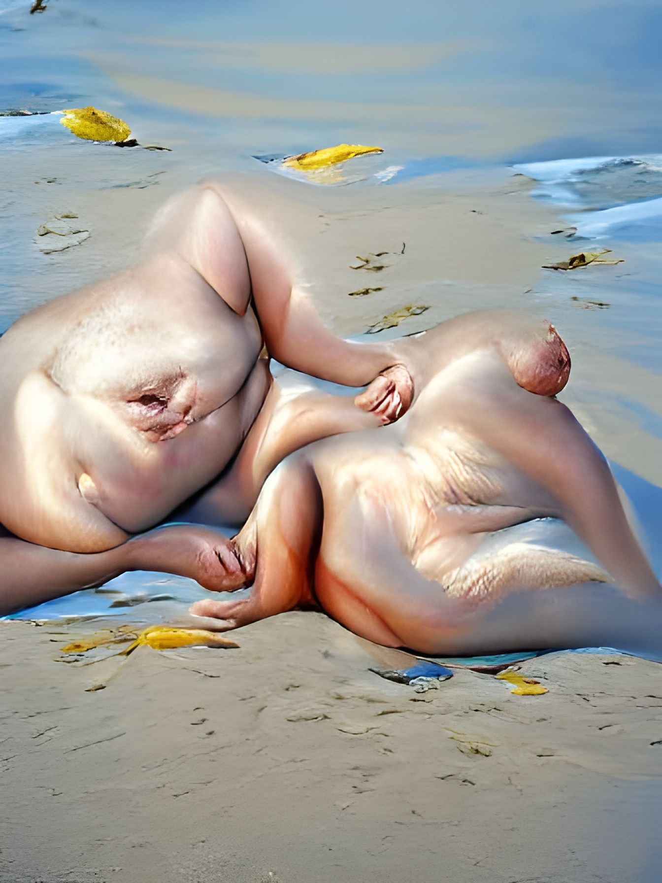 Hyperrealistic Nude Conjoined Twins on Beach