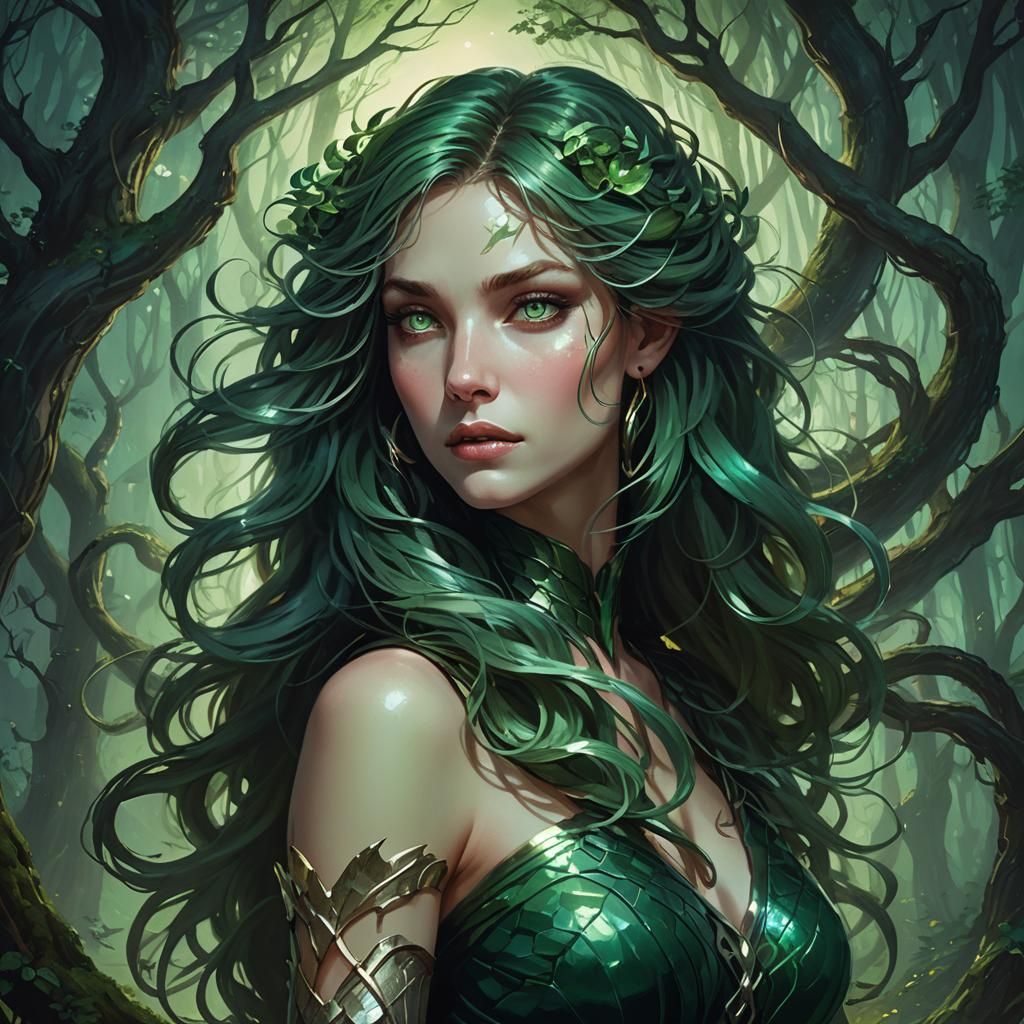 Serpentine Woman in Moonlit Forest: Dark Fantasy Art