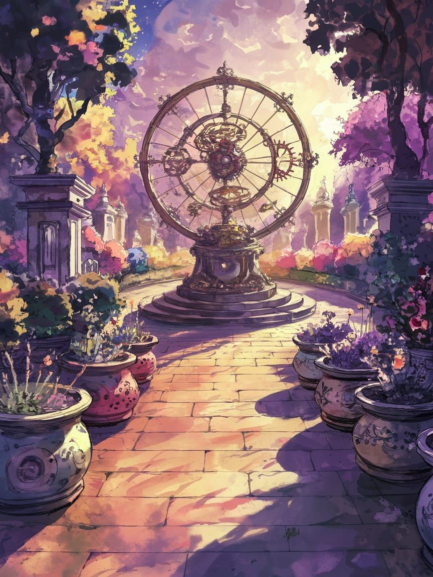 Enchanted Courtyard with Glowing Orrery in Anime Style