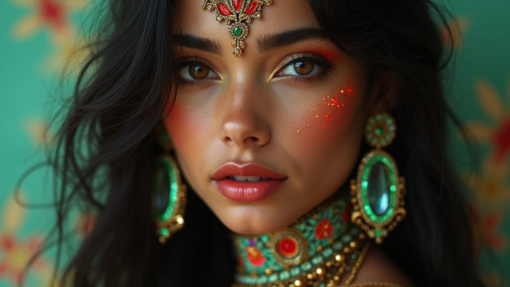 Ethereal Brazilian Goddess in Futuristic Indian Attire