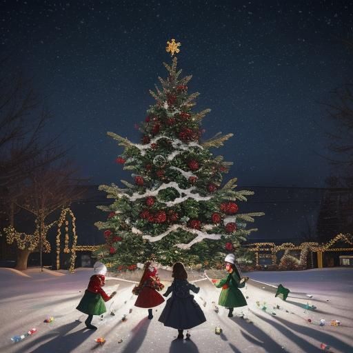Children Playing Around Christmas Tree in Snow: Hyperrealist...