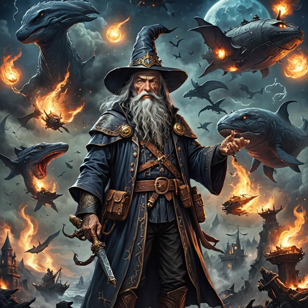 Fantasy Wizard in Apocalyptic Battle Scene