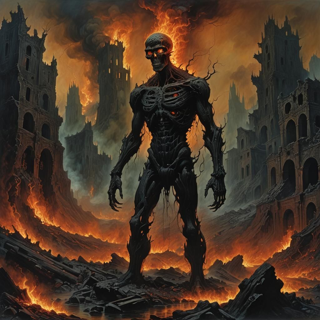 Cerebos in Hellish Landscape as Dark Surrealism