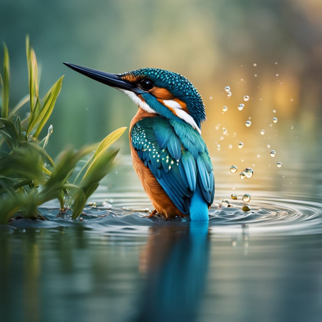 Surreal Kingfisher Dives into Sunrise Lake in Vibrant Digita...