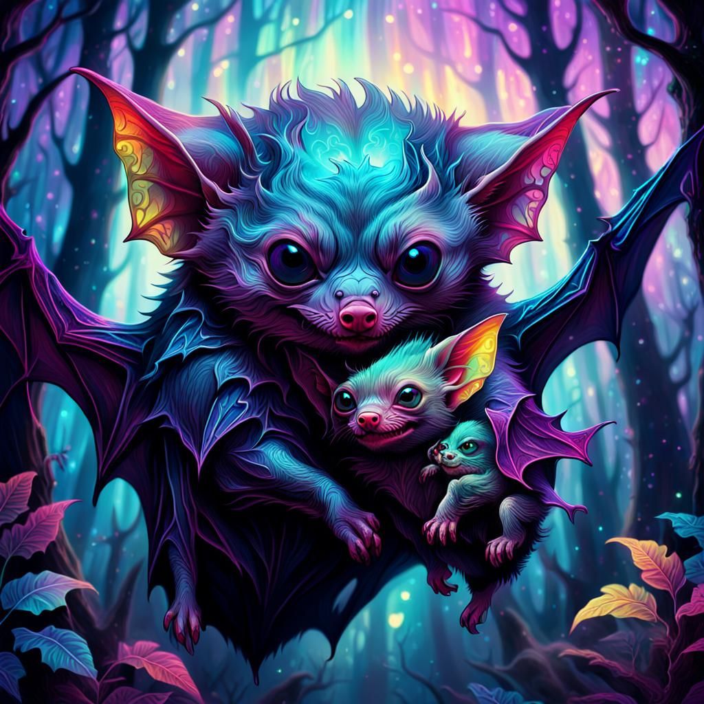 Baby Vampire Bat in Cosmic Astral Forest