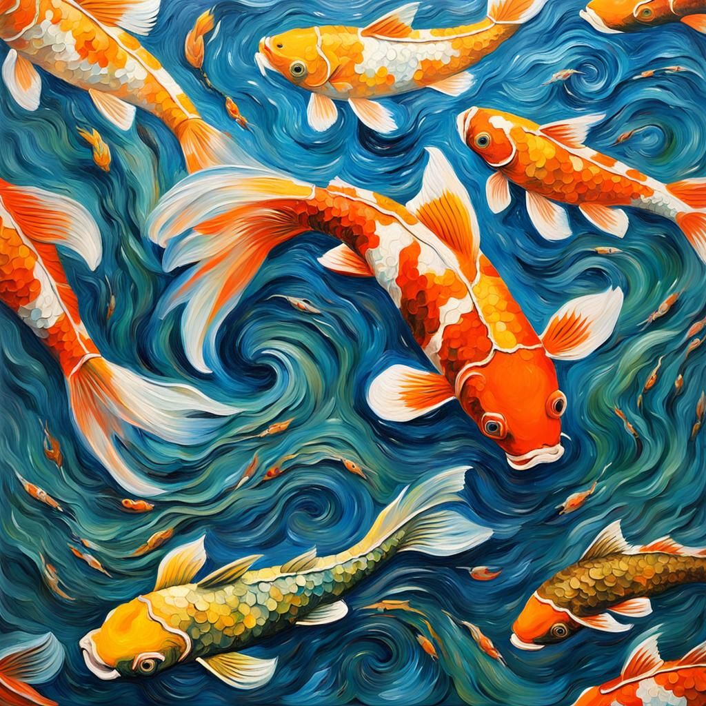 Koi Fish Pond in Impasto Style