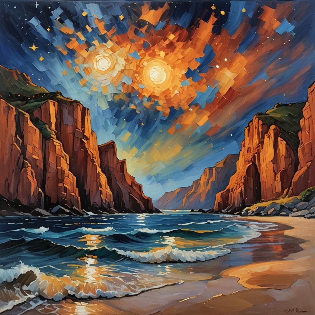Seaside Cliffs Under Starry Night, Oil Painting