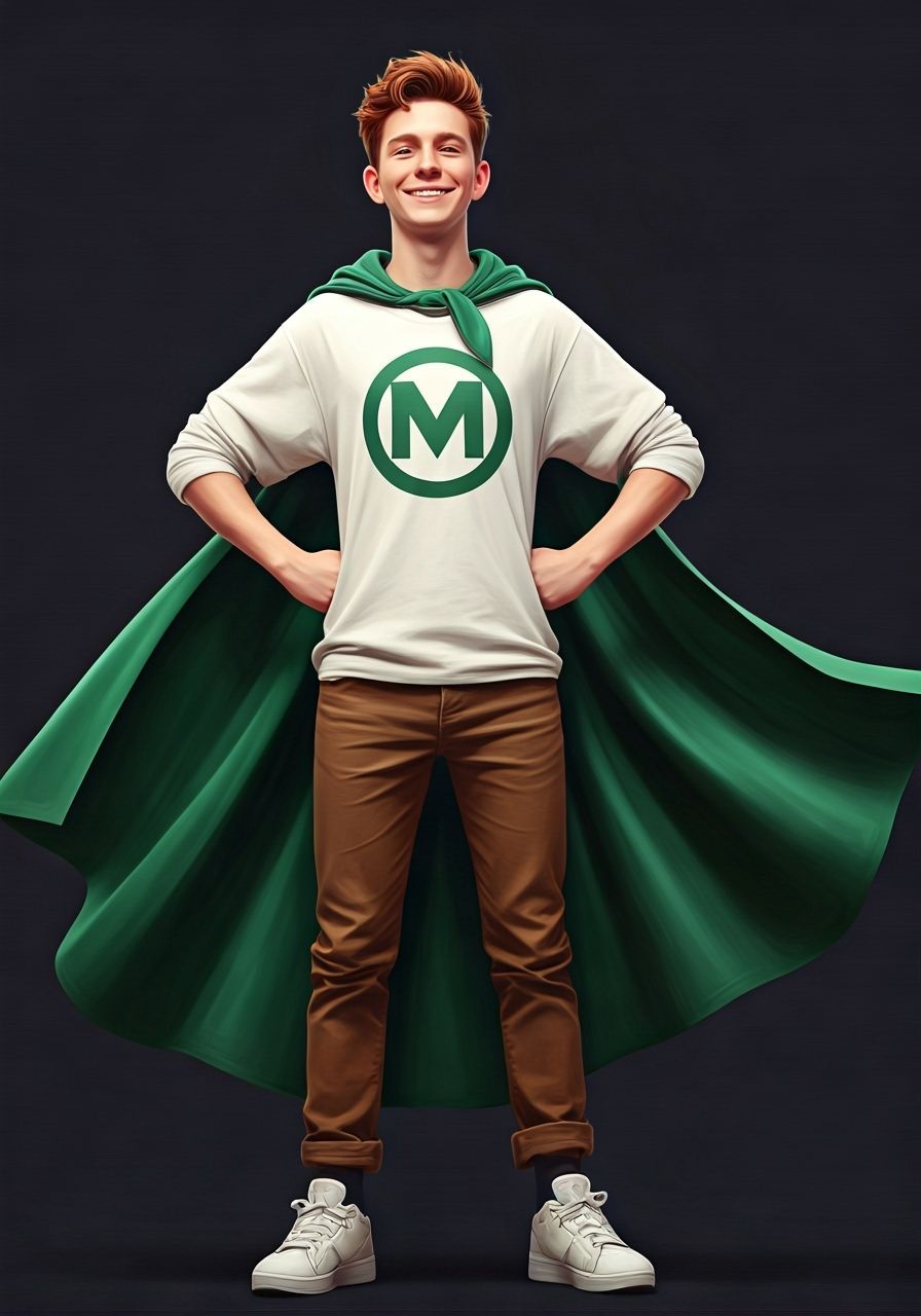 Auburn-Haired Man with Green Cape in Vibrant Maximalist Styl...