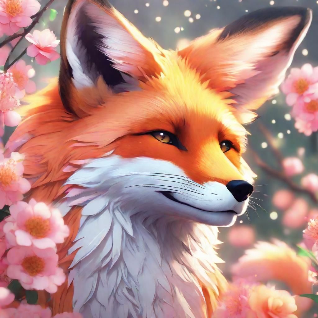 Fox with Flowers: Vibrant Anime Art Portrait