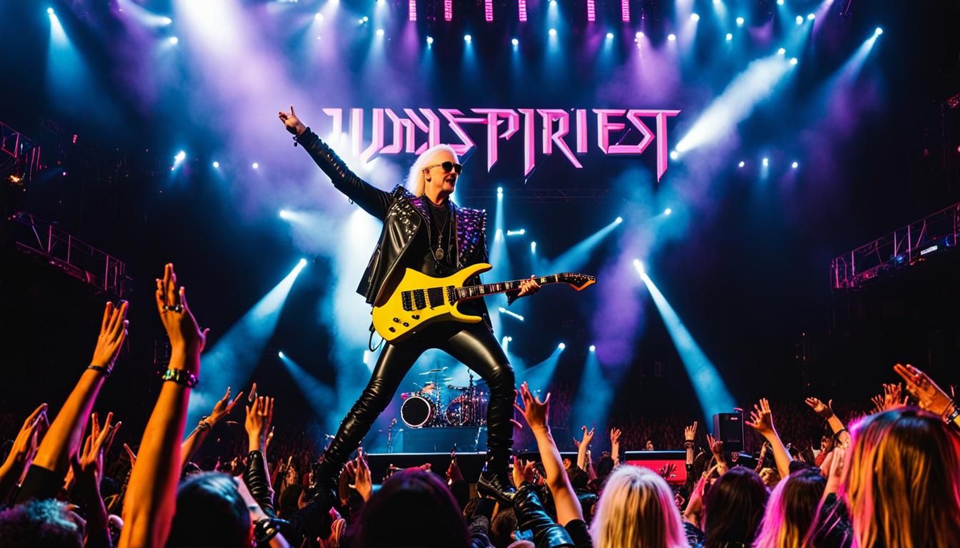 Neon Judas Priest Logo Above Cyberpunk Rock Stage