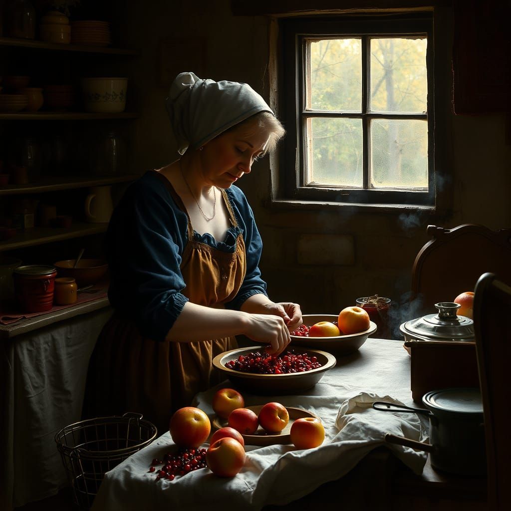 Woman Making Preserves as Old Masters Painting