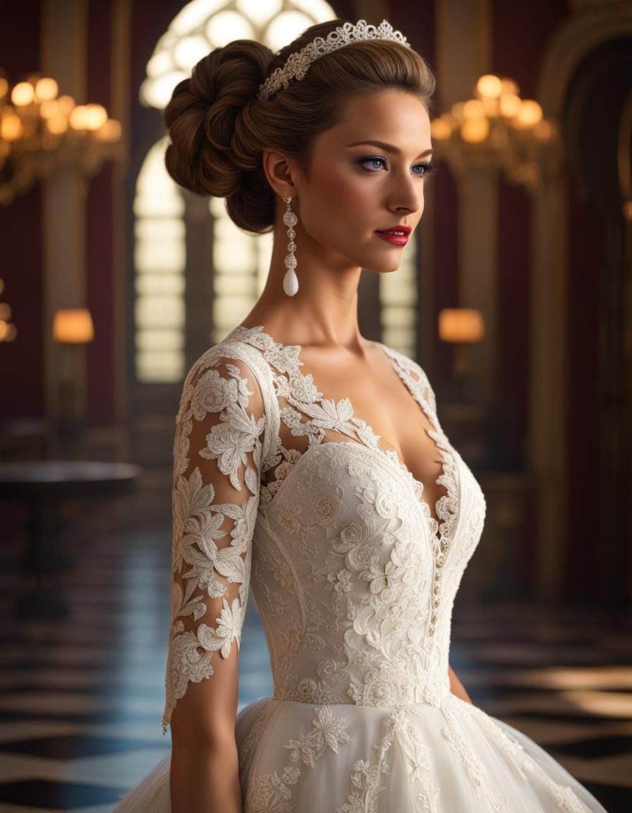 Photorealistic Woman in White Lace Gown