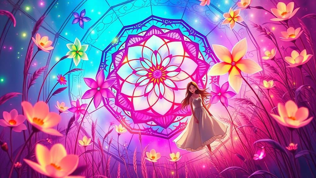 Anime Stained Glass Rose Window with Rainbow Pinwheels
