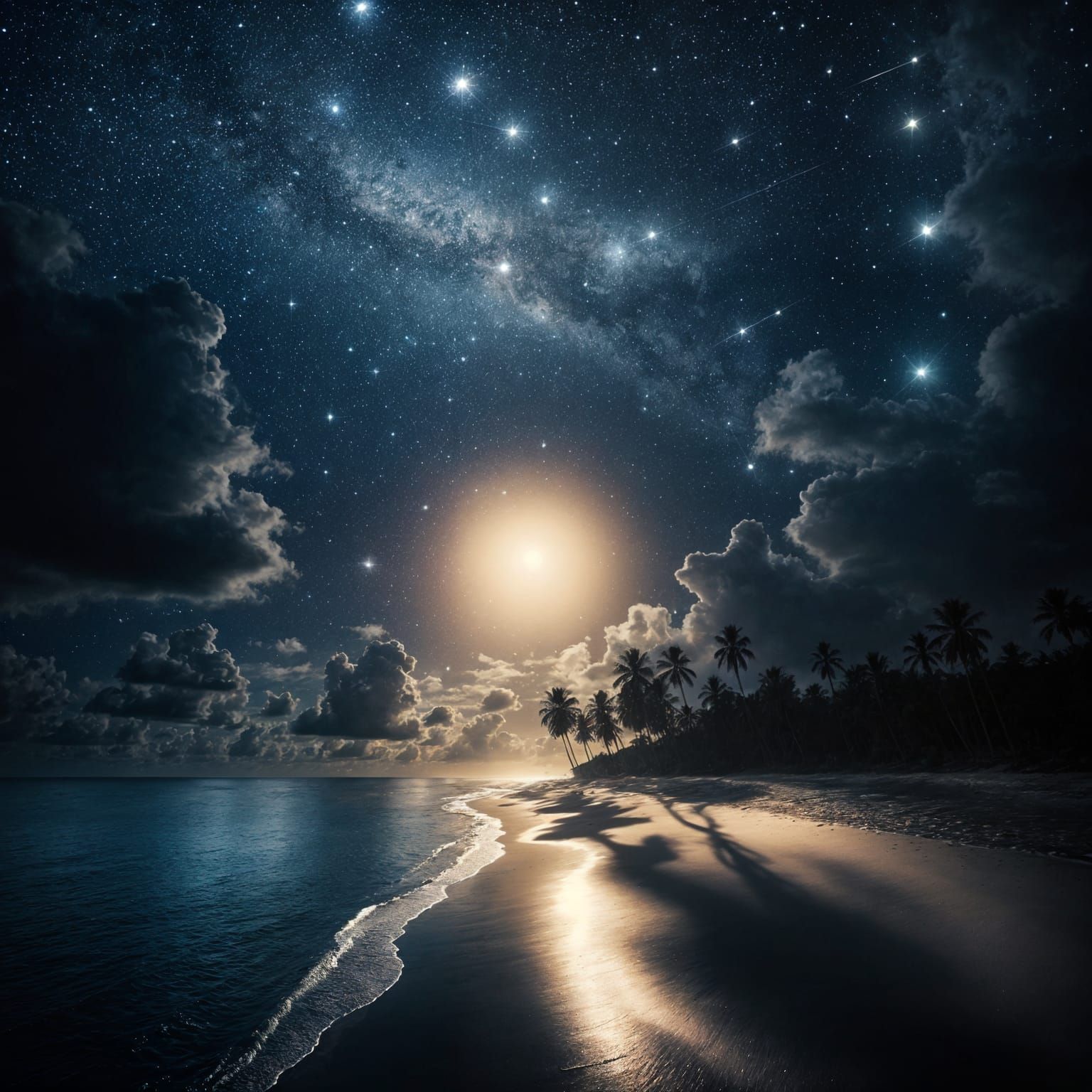 Moonlit Beach Under Glowing Stars at Night