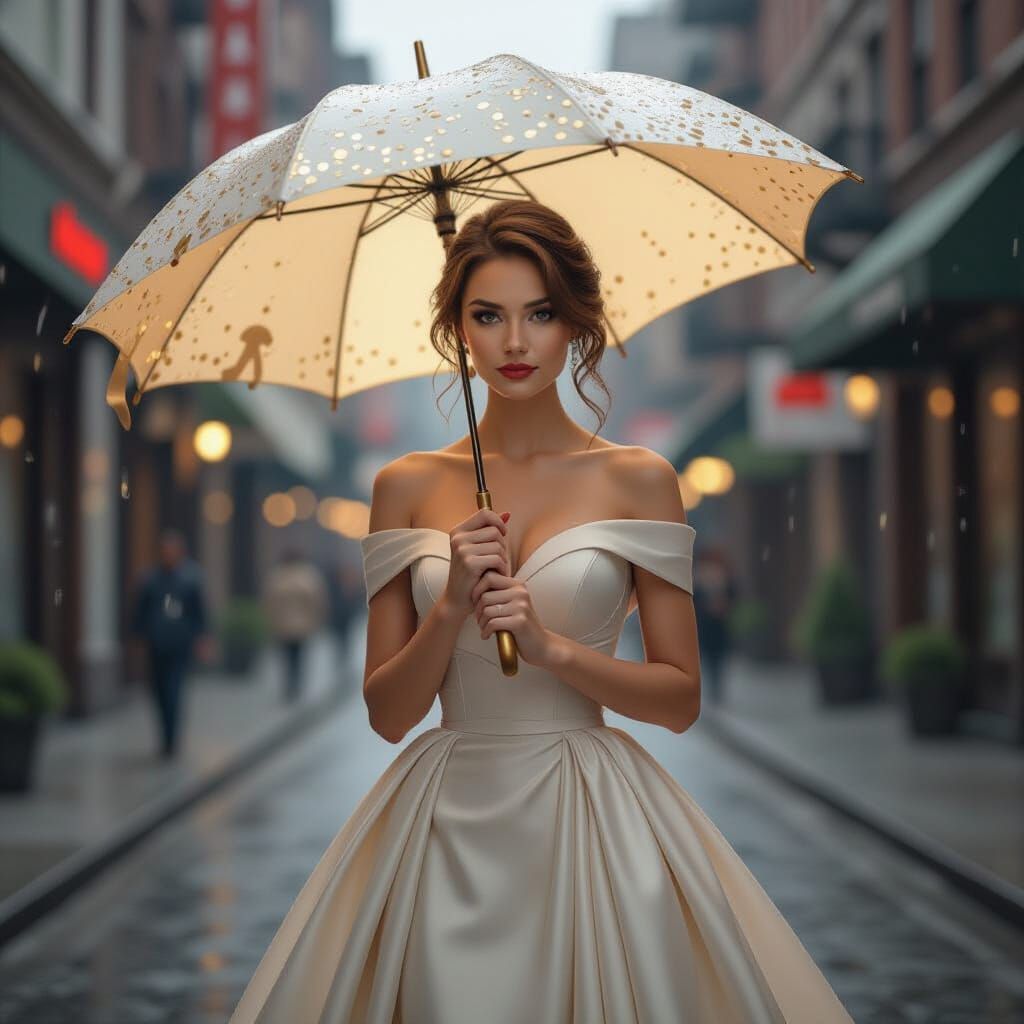 Woman with Golden Umbrella in Cyberpunk Style