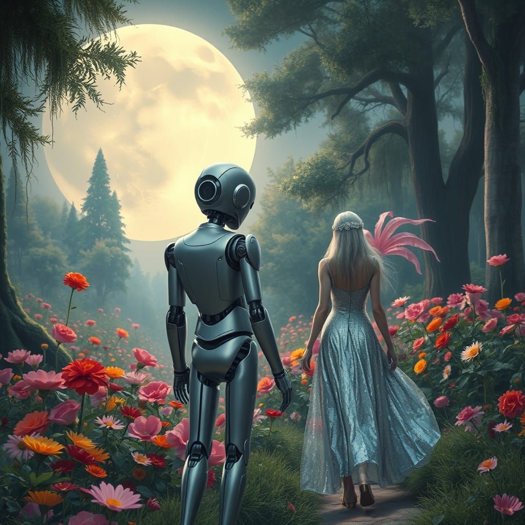 Sad Robot's Heartbreak in Futuristic Garden Art