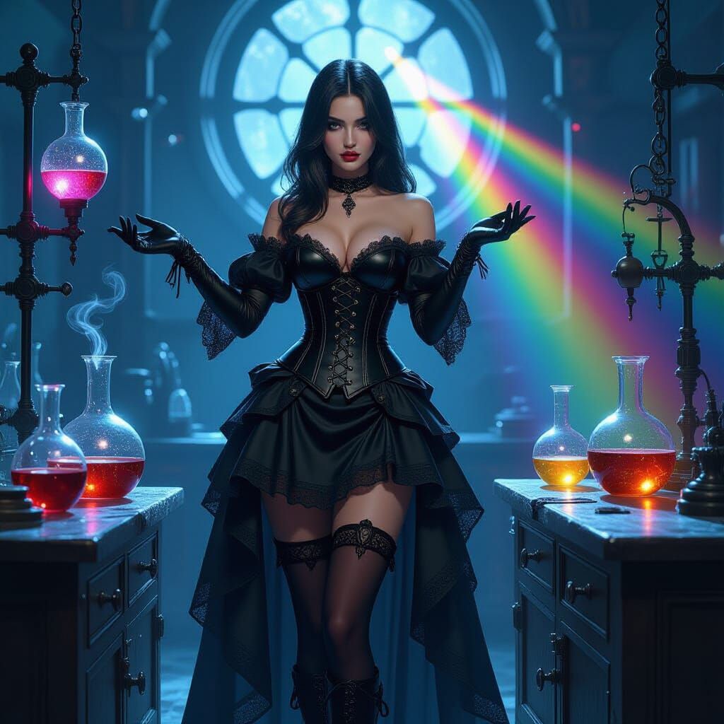 Gothic Fairy in Moonlit Laboratory, Art Nouveau Style