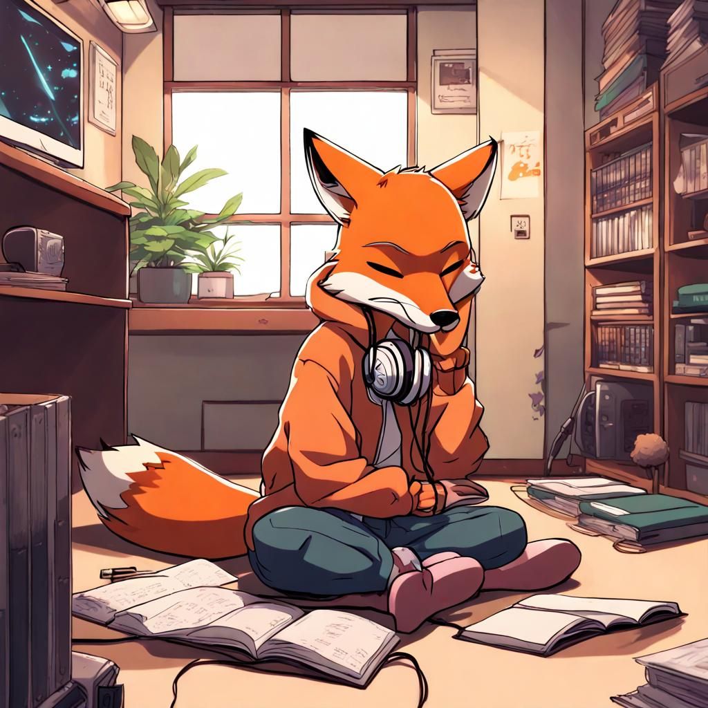 Fox Listening to Lofi Hip Hop in Anime Style