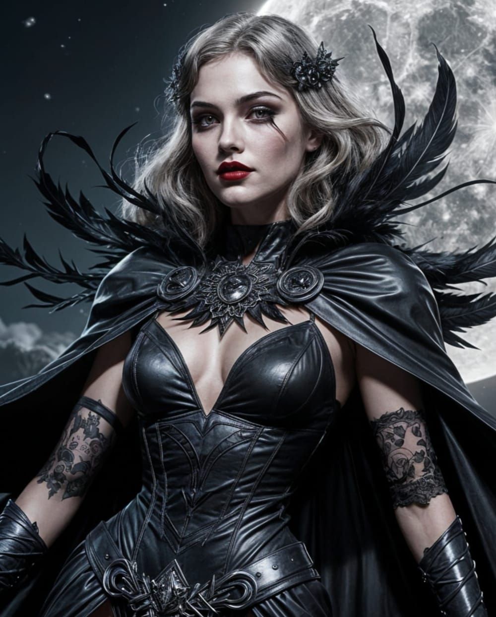 Gothic Woman in Black with Feather Cape Under Full Moon