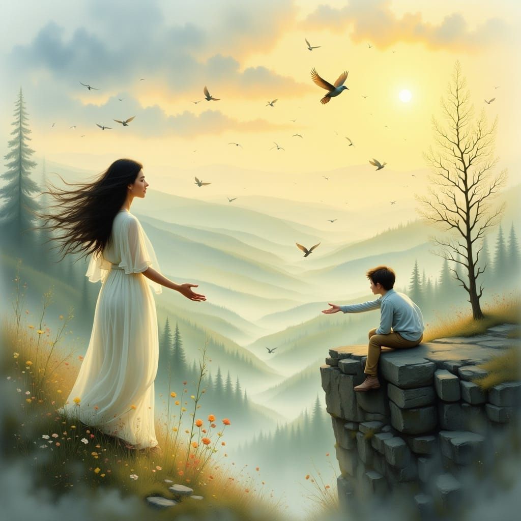 Couple on Cliff at Dawn Embracing Hope