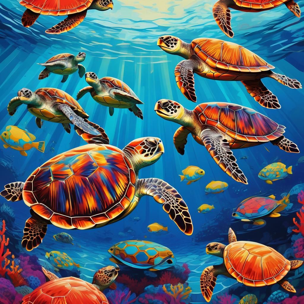 Smiling Sea Turtles in a Pop Art Ocean