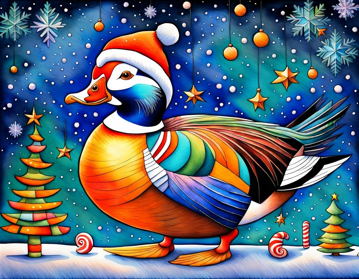 Christmas Mandarin Duck in Cubist Aquarelle Style