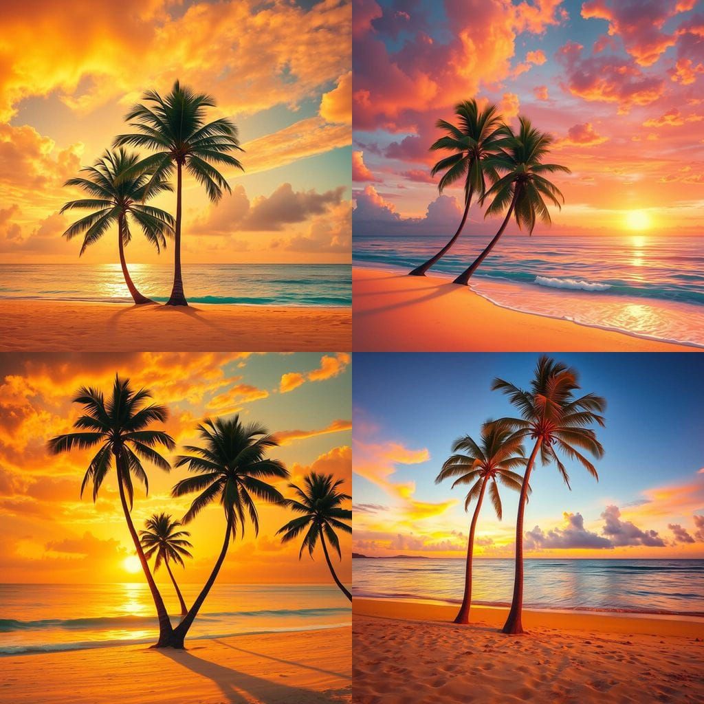 Tropical Beach with Three Coconut Trees in Vibrant Sunset Li...