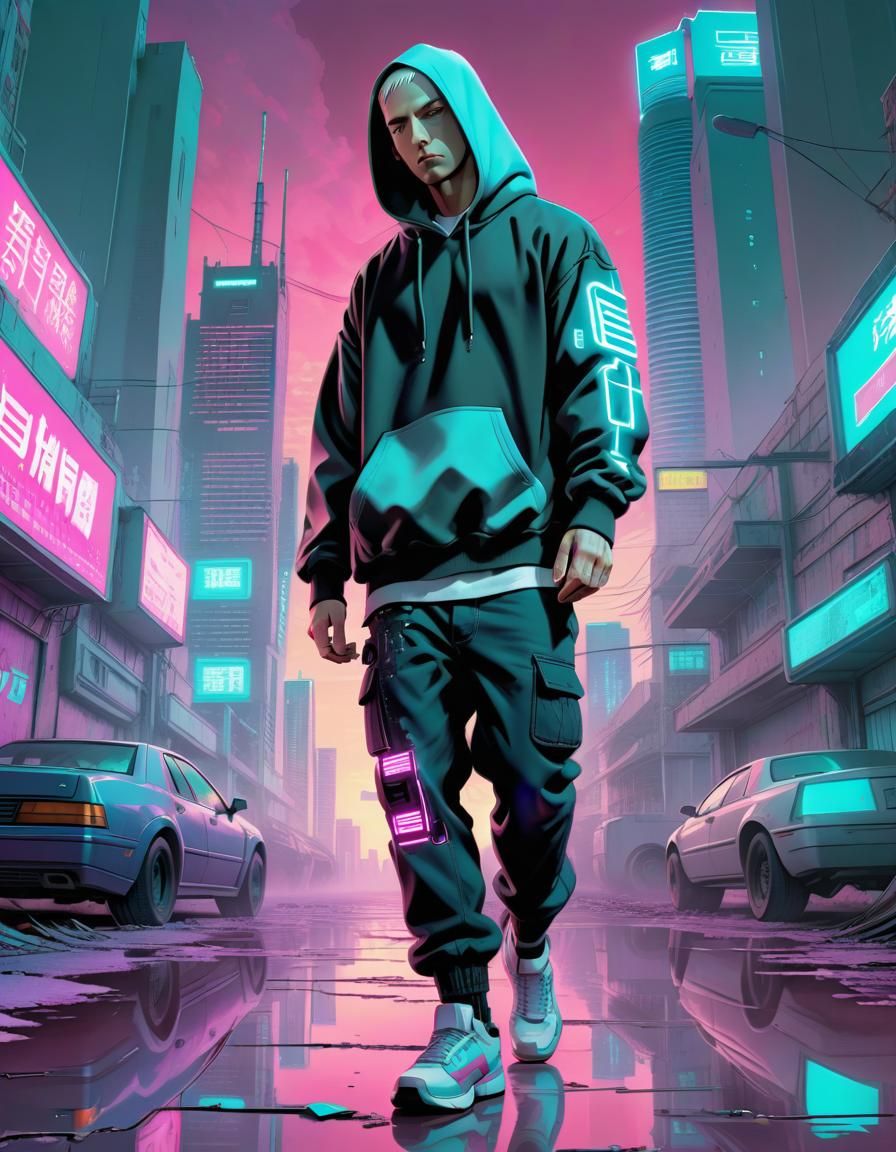 Cyberpunk Vaporwave Eminem in Detroit: Manga Illustration