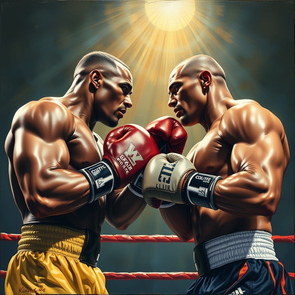 Boxers Embrace in Ring Spotlight, Impressionist Gouache Styl...