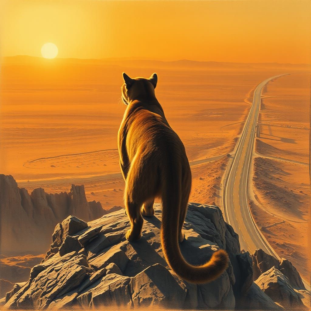 Mountain Lion Overlooking Desert Highway in Charcoal