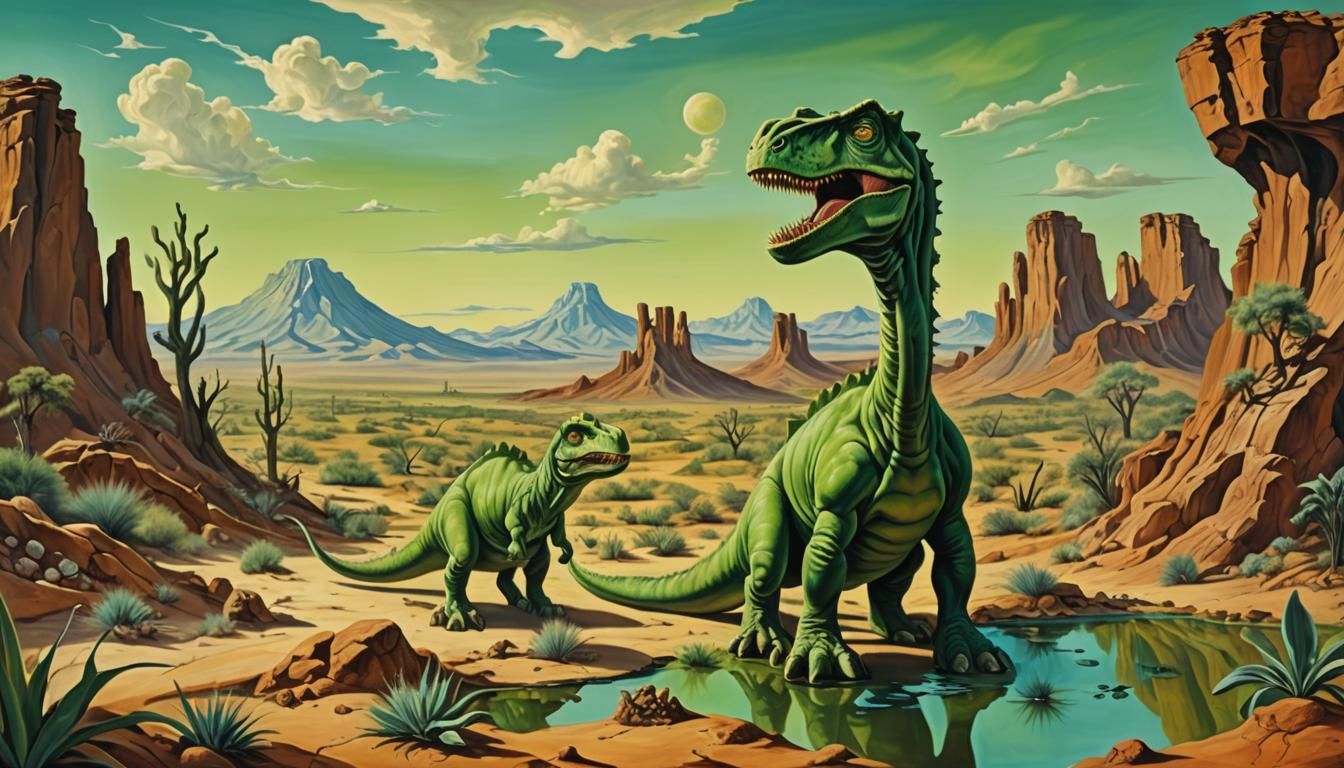 Surreal Dinosaur Landscape in Melting Oil Style